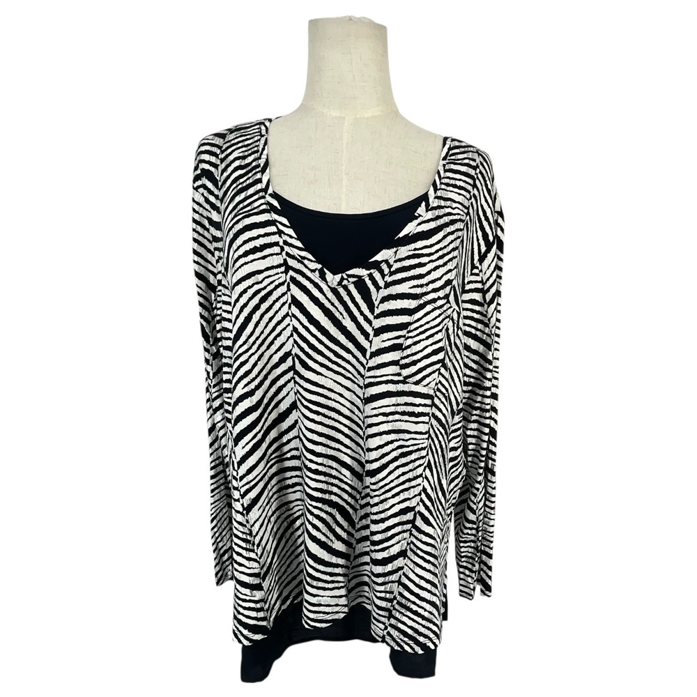 Chicos Zebra Chevron Two-Fer Top LS Knit Pattern Seagull Navy White Silver 3 XL